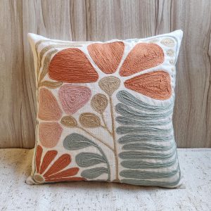 Hand Embroidered 100% Cotton Boho Decorative Throw Pillow Cover, Textured Cushion Cover, Sage Green Terracotta Red Pillows.
