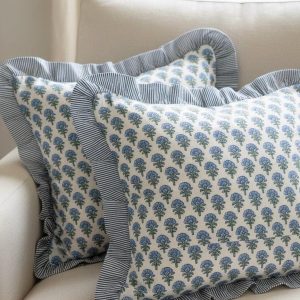 Blue Floral Block Print Throw Pillow Covers With Ruffle Edge | Cottagecore Cushion Cover | Handprinted Decorative Pillow | Farmhouse Decor