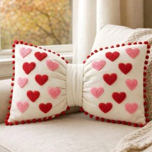 Handmade Valentine's Day Bow Pillow | Punch Needle Hearts & Pom Poms