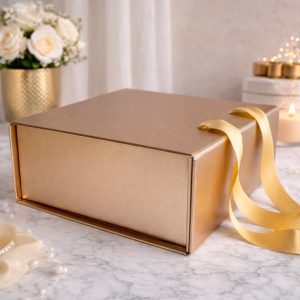 Champagne Foldable Magnetic Gift Box with Ribbon Handles | Reusable Luxury Gift Packaging Box | Collapsible Storage Gift Box